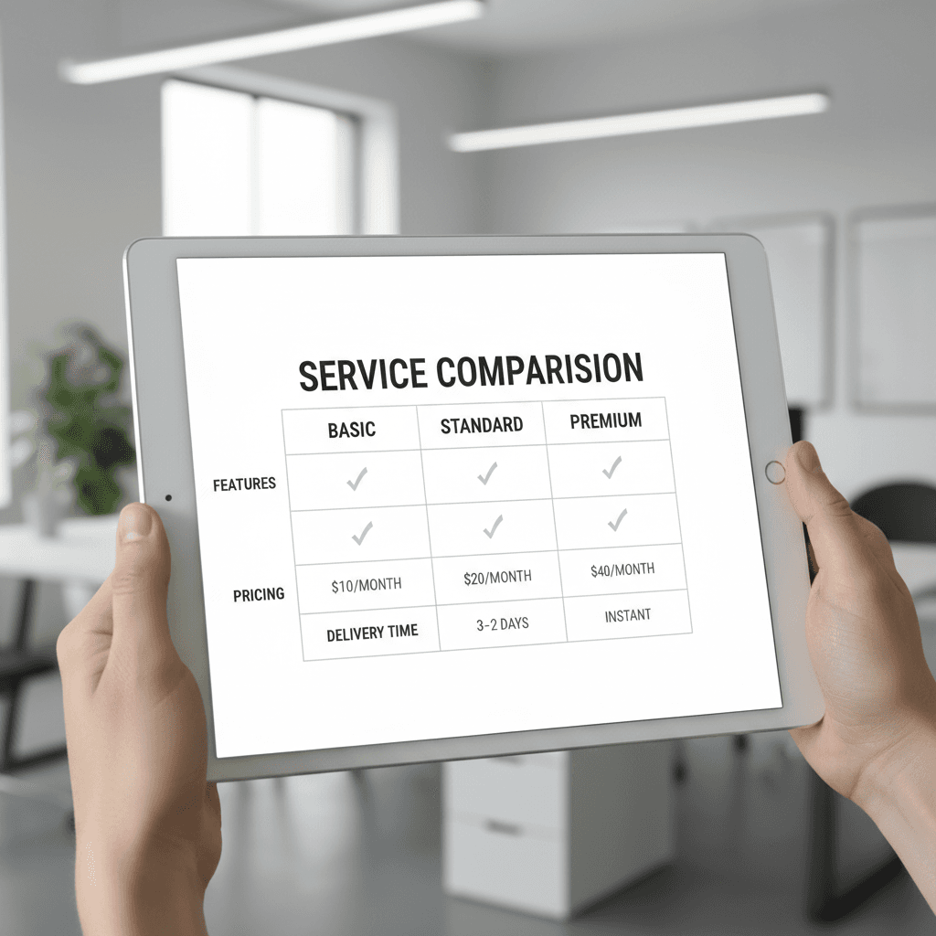 Tabla comparativa digital con características de servicios