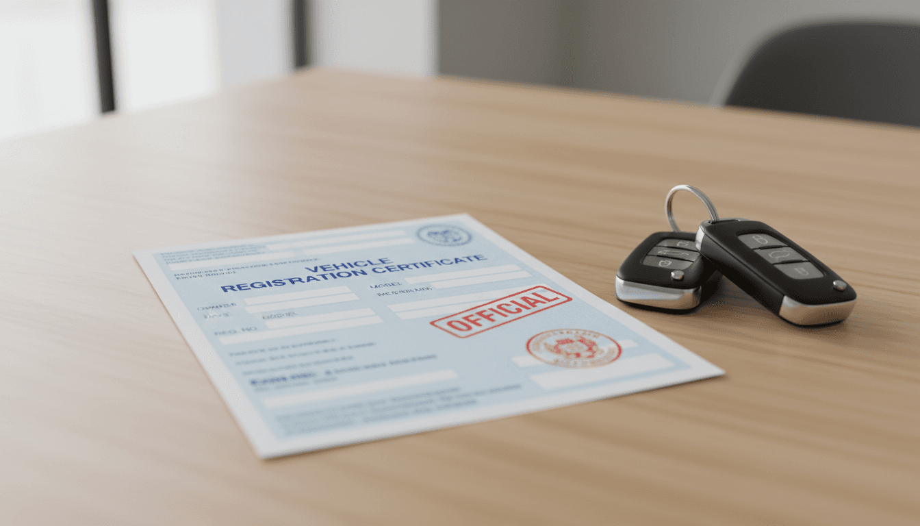 Matrícula del vehículo y documentación de transferencia listos para procesar