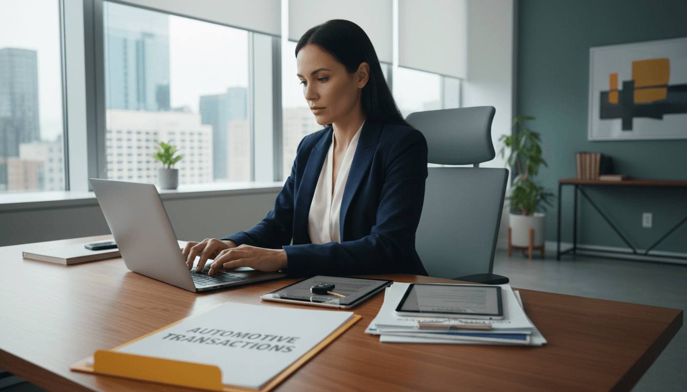 Profesional tramitando transferencia de vehículo online