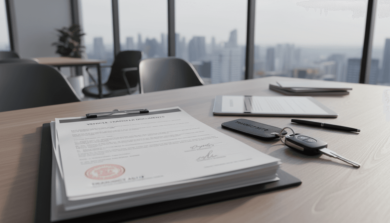 Documentos de transferencia de vehículos y llaves en escritorio profesional