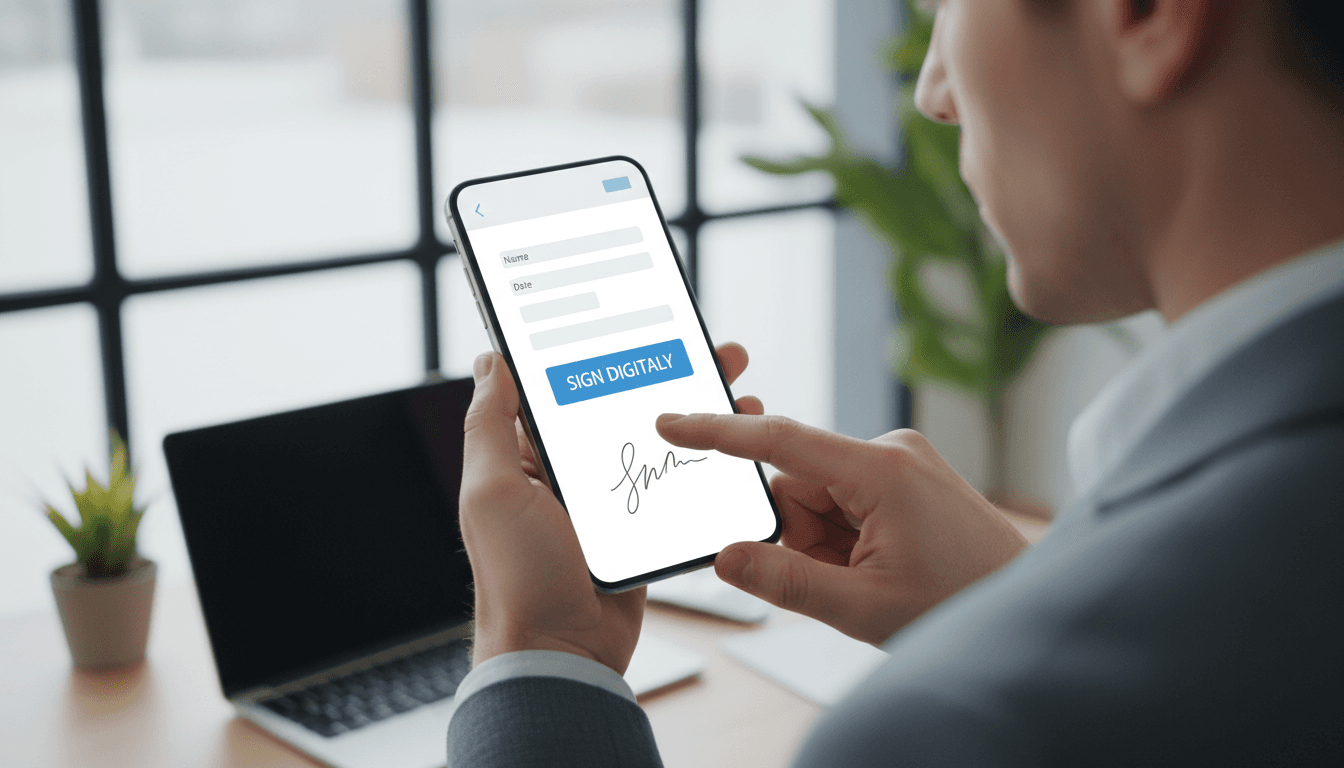 Persona realizando firma electrónica por SMS en su teléfono móvil de forma segura