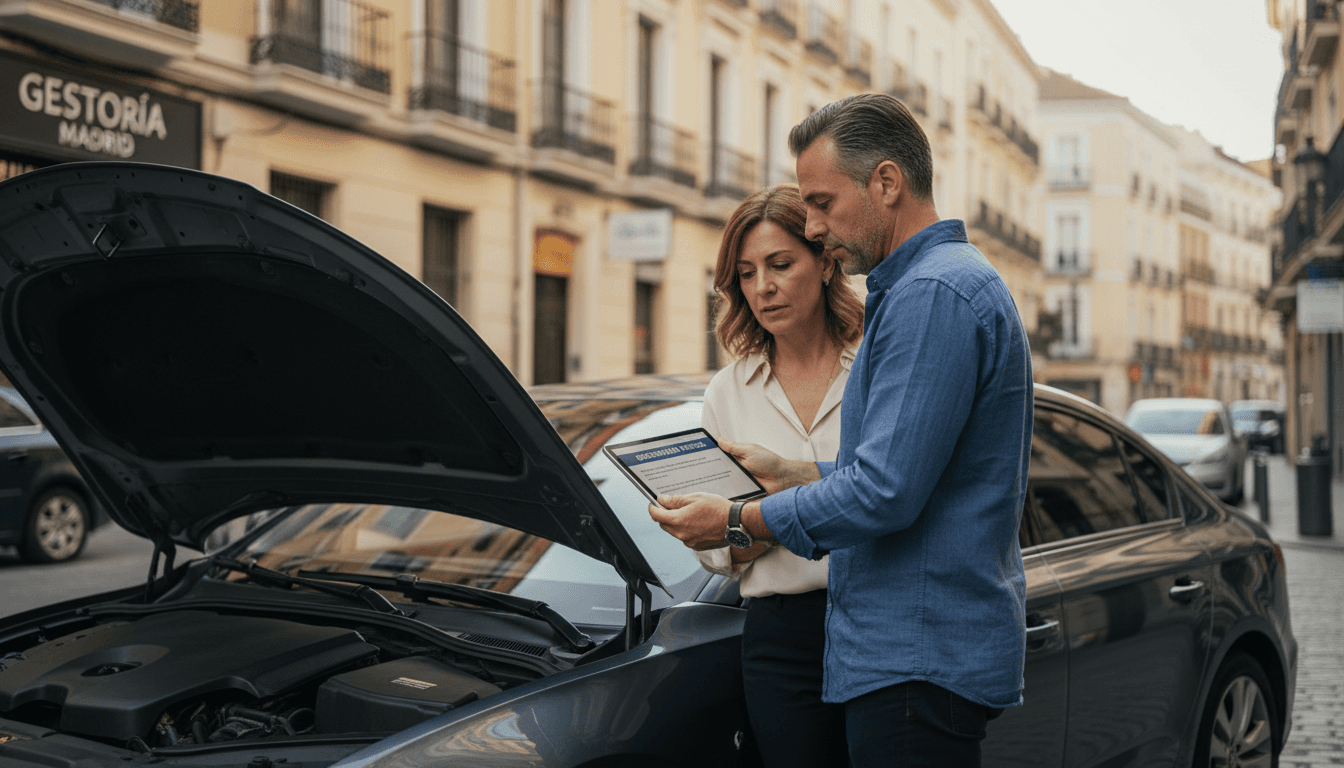 Gestor administrativo revisando una tableta junto a un coche en una calle de Madrid