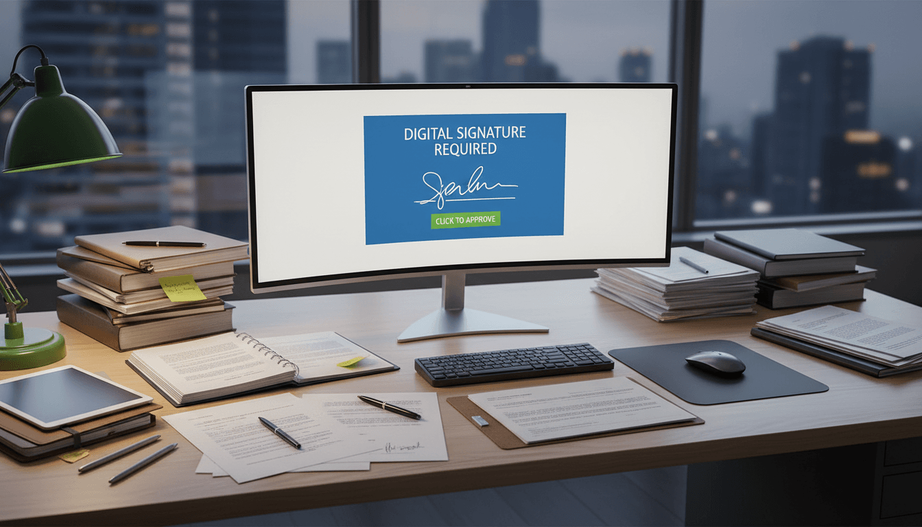 Profesional realizando gestión digital de transferencia de vehículo con documentos y firma electrónica en oficina moderna