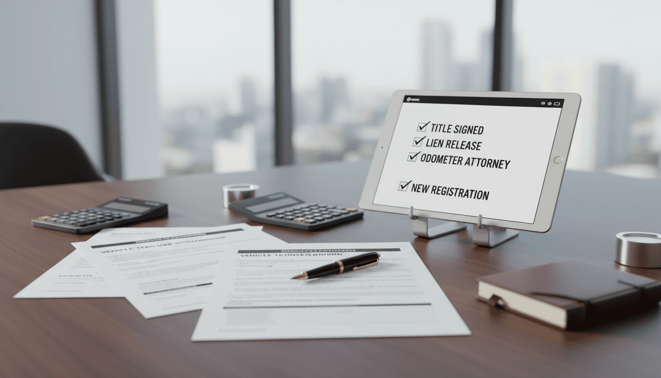 Documentos de transferencia de vehículo organizados en escritorio profesional