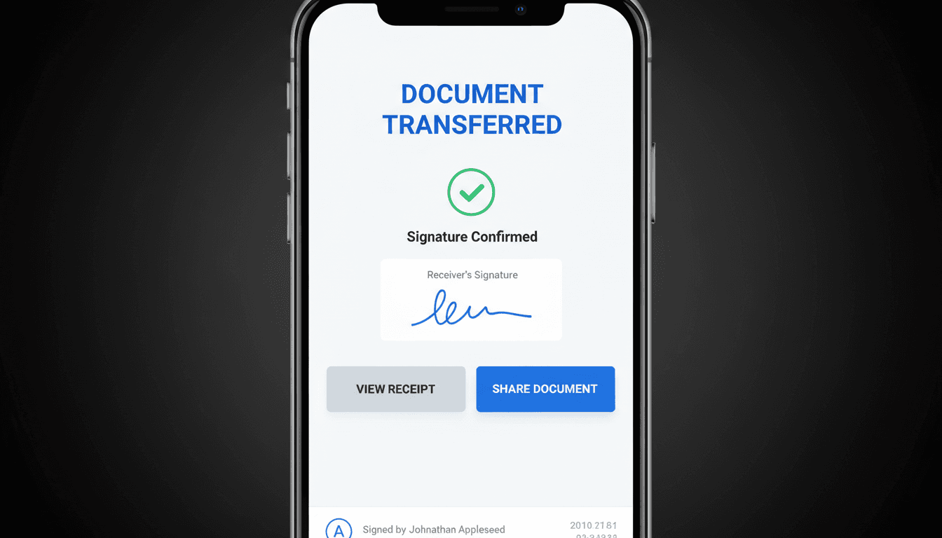 Pantalla de móvil con firma digital y confirmación de transferencia