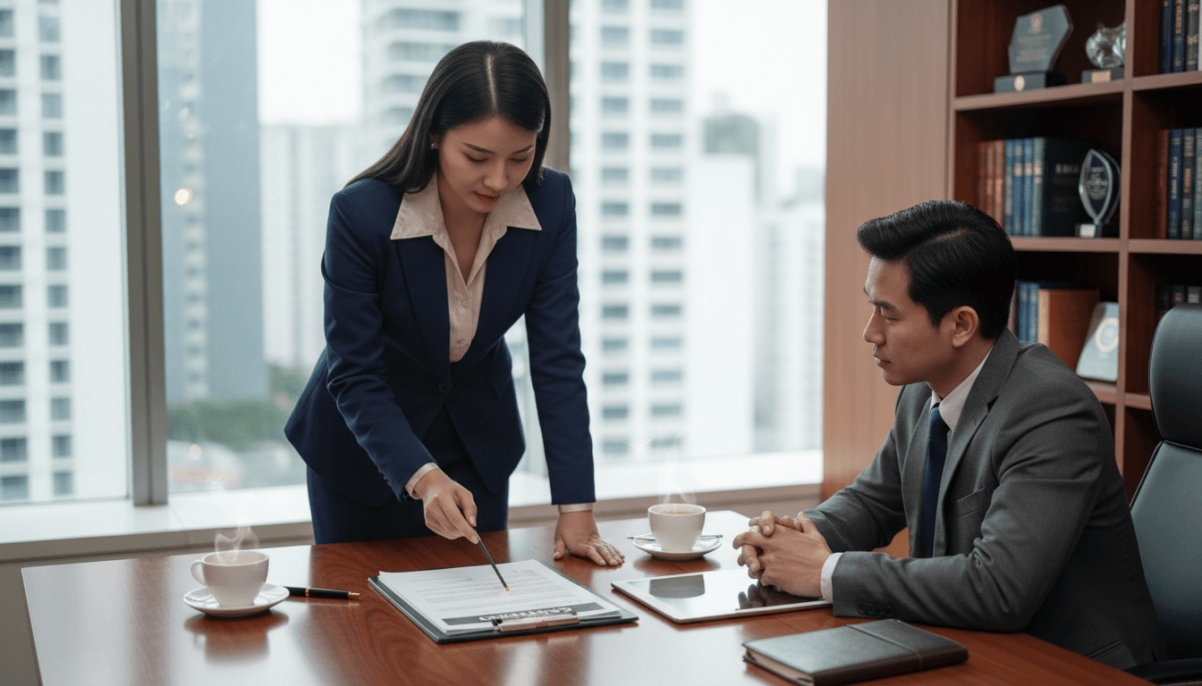 Consultor explicando un contrato complejo a su cliente