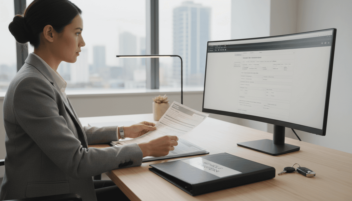 Gestoría RP procesando transferencia de vehículo con documentos y matrícula